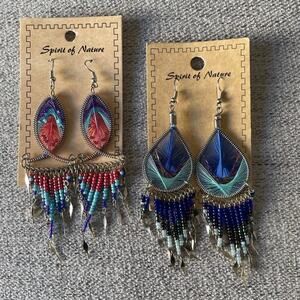 SPIRIT OF NATURE Set of 2 Dangly Silver Earrings New Beaded Blue Red Jewlery